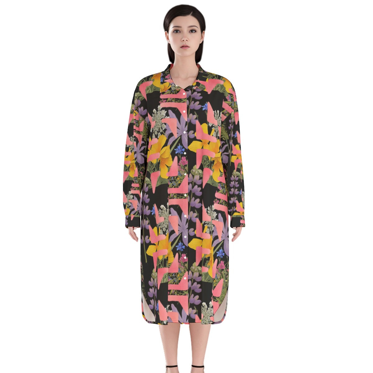 Cali Summer Flowers Shirt Dress | Rayon (black)