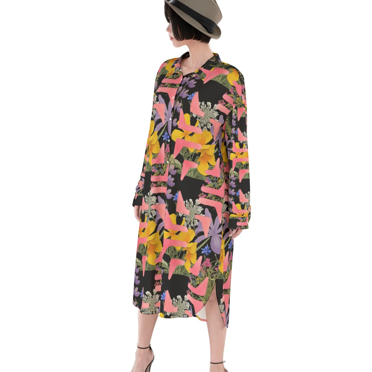 Cali Summer Flowers Shirt Dress | Rayon (black)