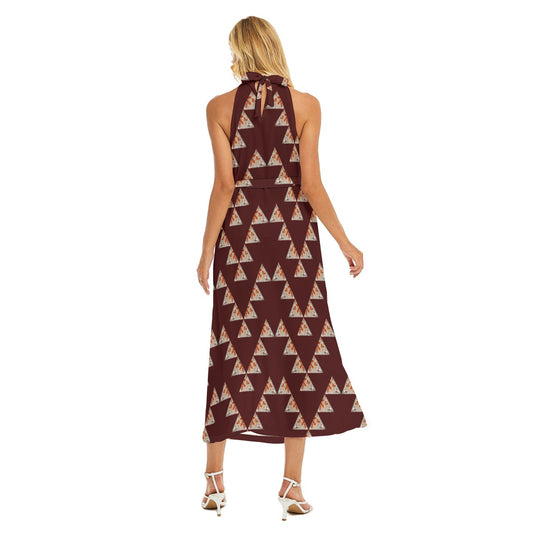 Red Abalone Wrap Hem Belted Halter Dress