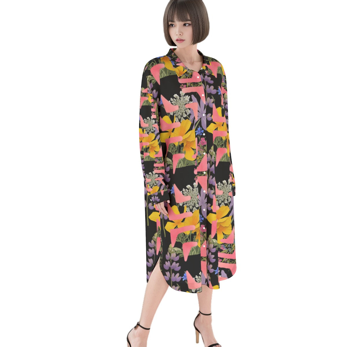 Cali Summer Flowers Shirt Dress | Rayon (black)