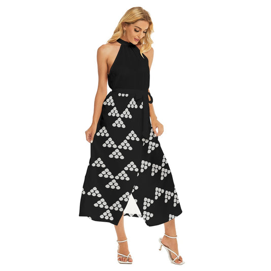 Clam Shells Black Hem Belted Halter Dress